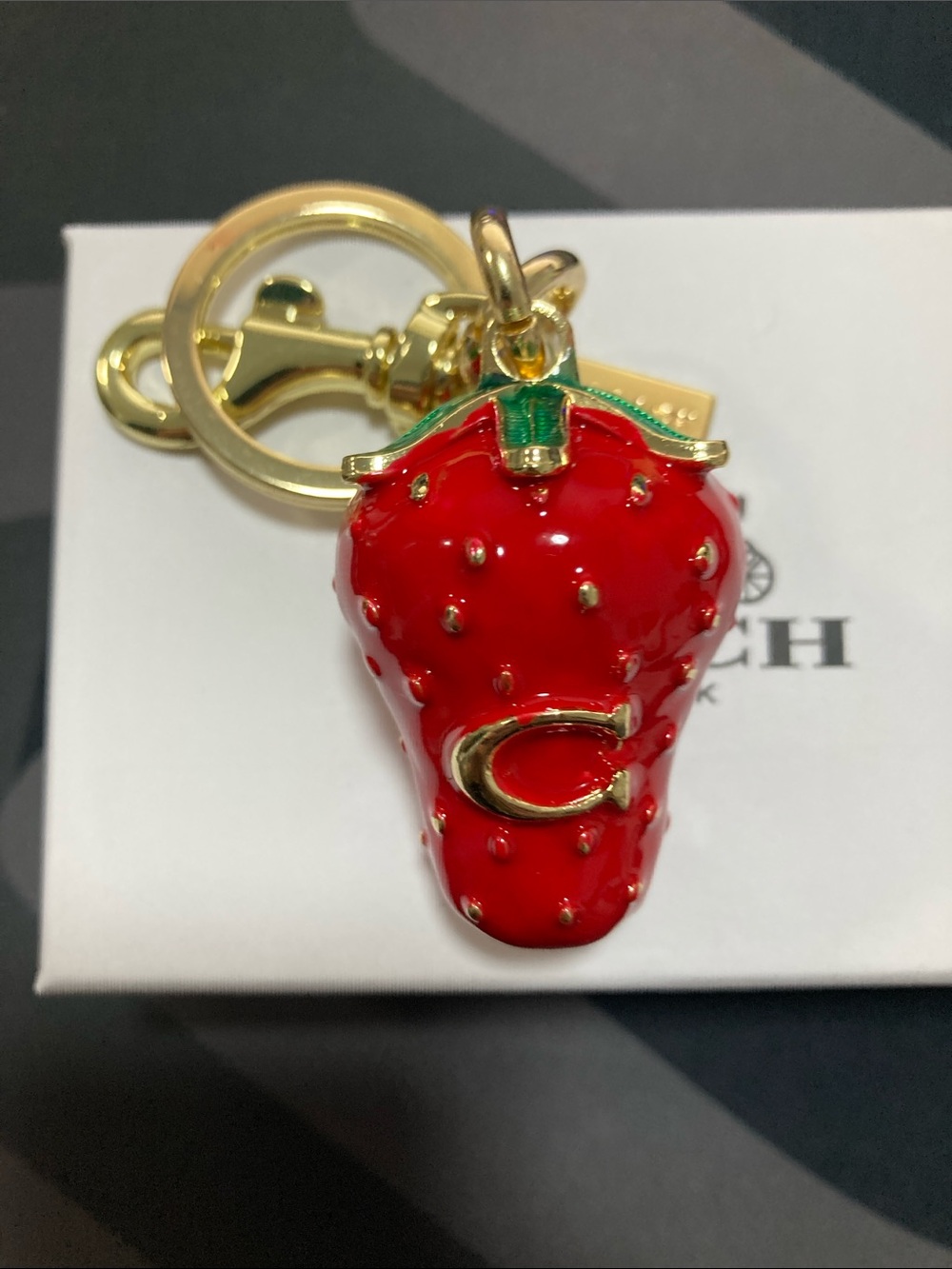 COACH Red Strawberry Enamel Key Charm with Gold Hardware